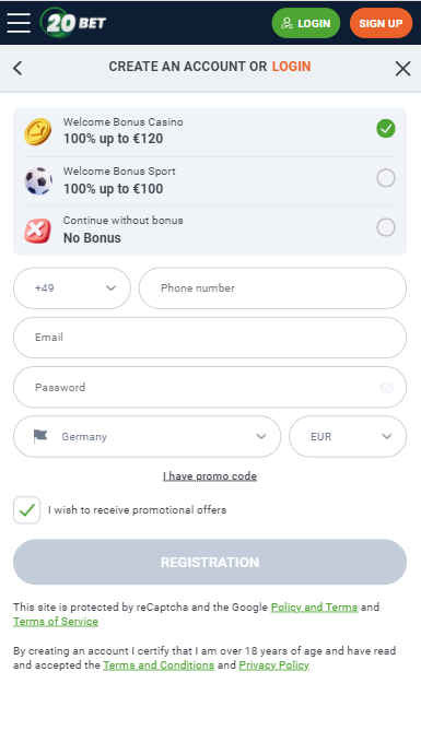 20Bet Casino Sign up