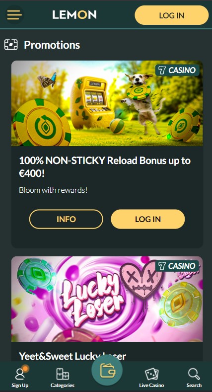 Lemon Casino promóciós ajánlatok képernyőképe a mobilalkalmazásban