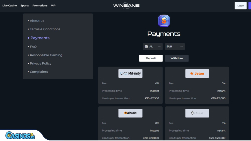 Winsane Casino Zahlungen