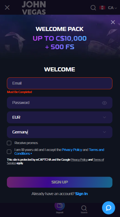JohnVegas Casino Sign up