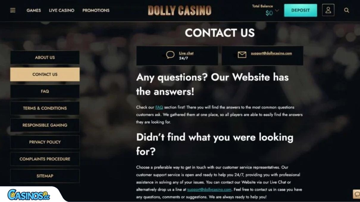 Schermata del supporto clienti di Dolly Casino mostrante opzioni di chat e FAQ