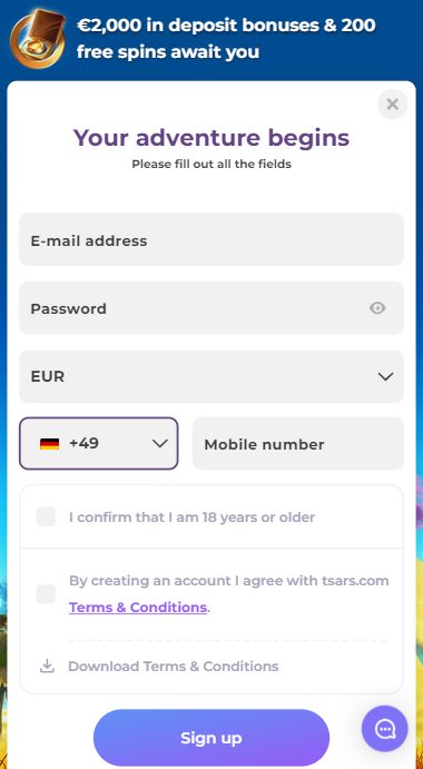 Tsars Casino Sign up