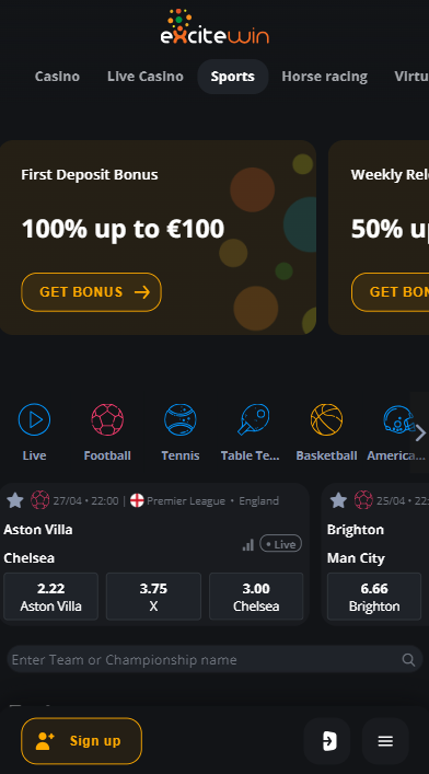 ExciteWin Casino käyttöliittymän näyttökuva mobiililaitteella