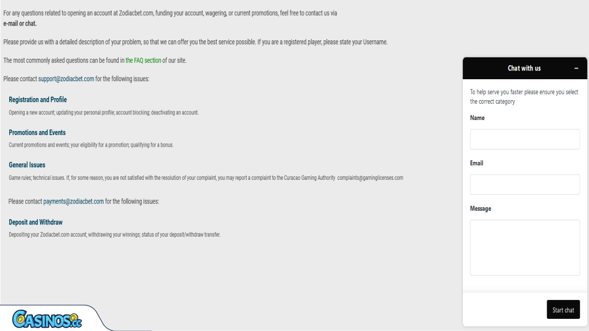 Zodiac Bet Casino Support