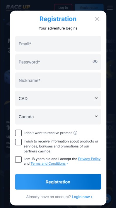 RaceUp Casino Sign Up