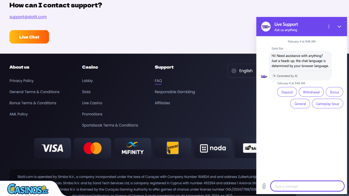 Slotit Casino Support