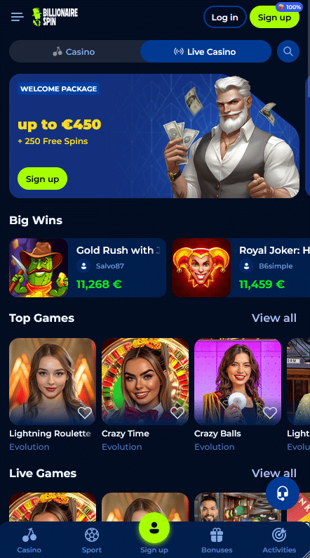 BillionaireSpin Casino Live games