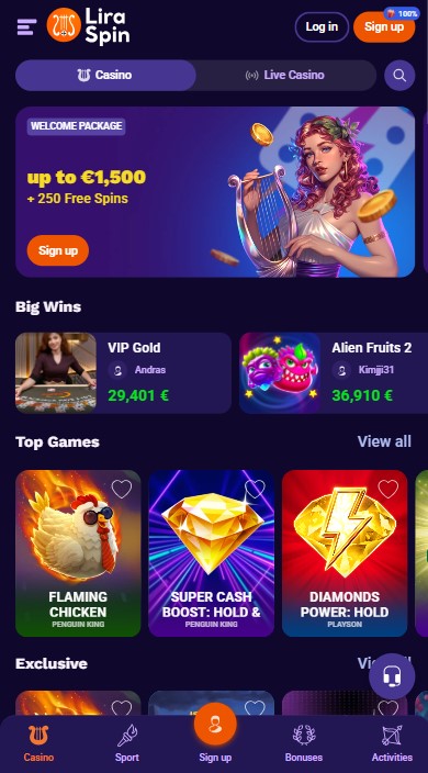 LiraSpin Casino Lobby