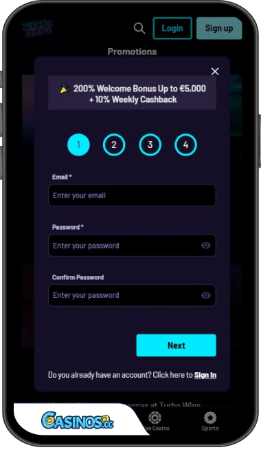 TurboWins Casino Login from Mobile