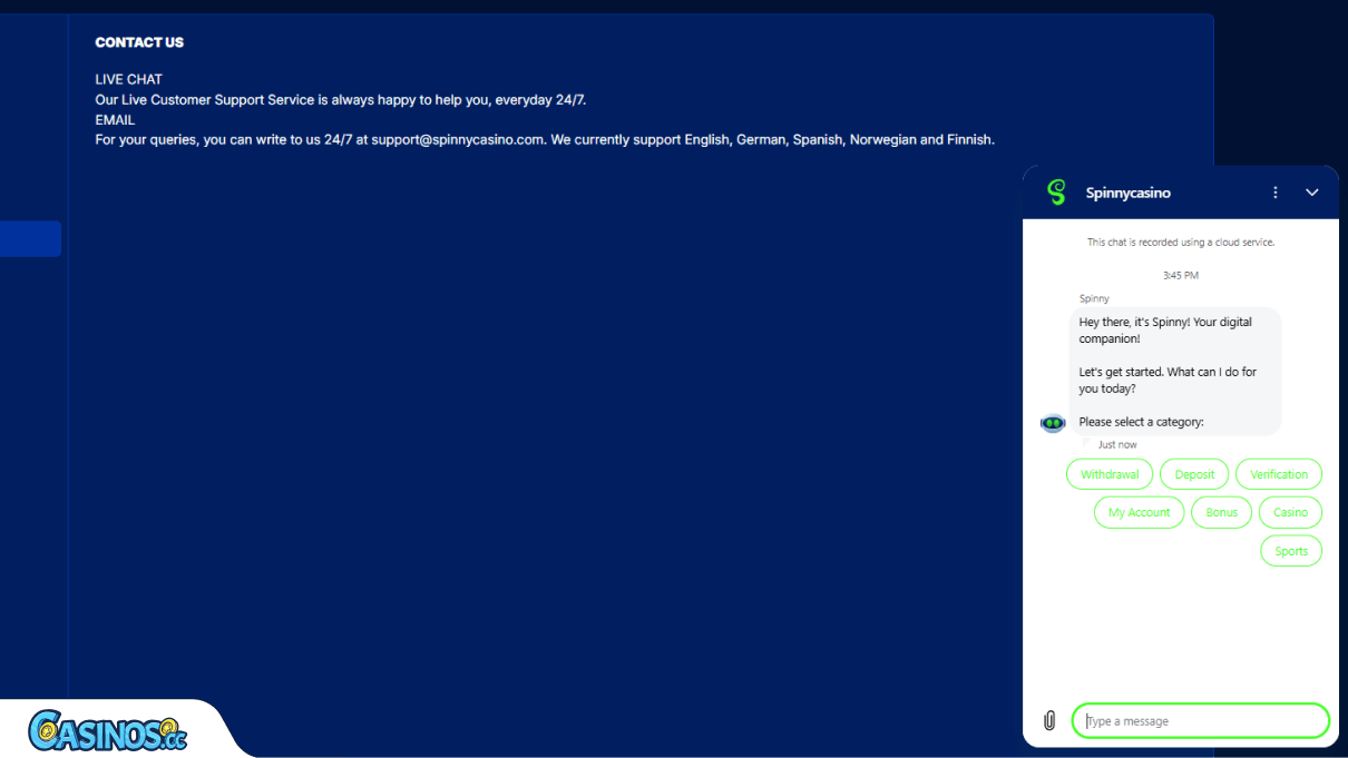 Spinny Casino Support