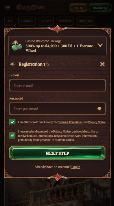 CrazyTower Casino Register
