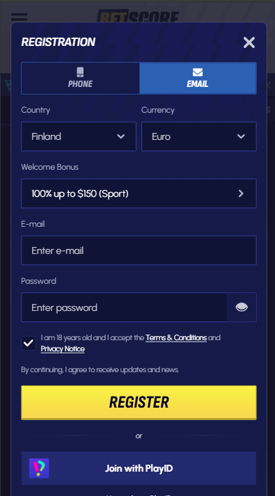 BetScore Casino Sign Up