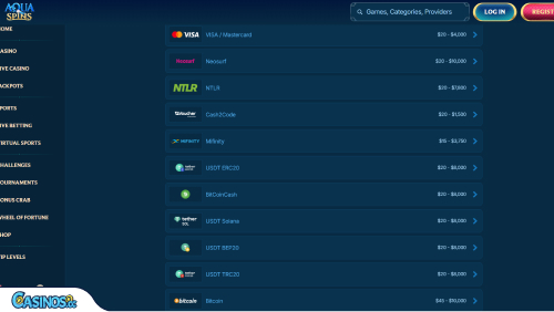 AquaSpins Casino Payments