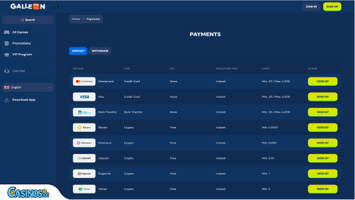 Galleon Casino Payments