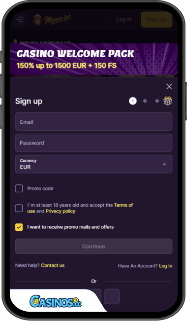 MamaBet Casino Login from Mobile
