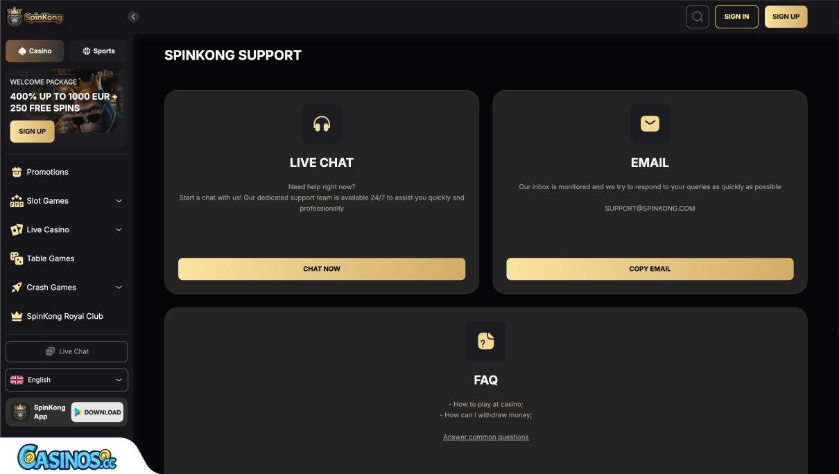 SpinKong Casino Support