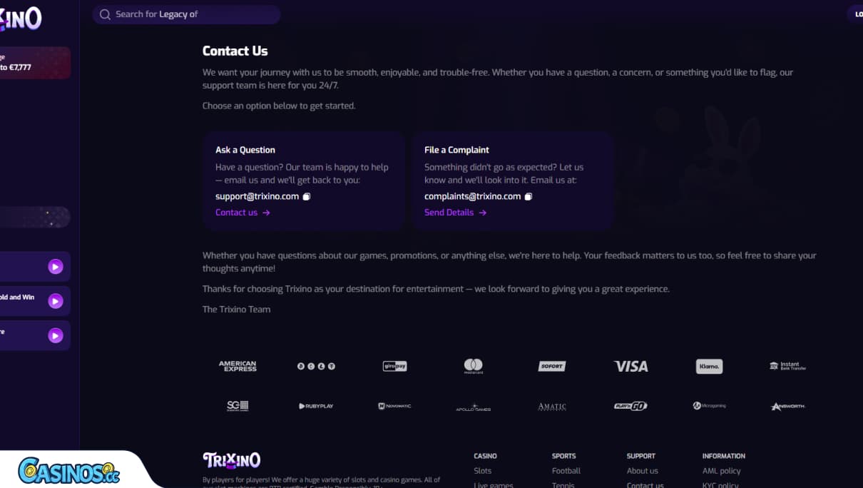 Trixino Casino Support